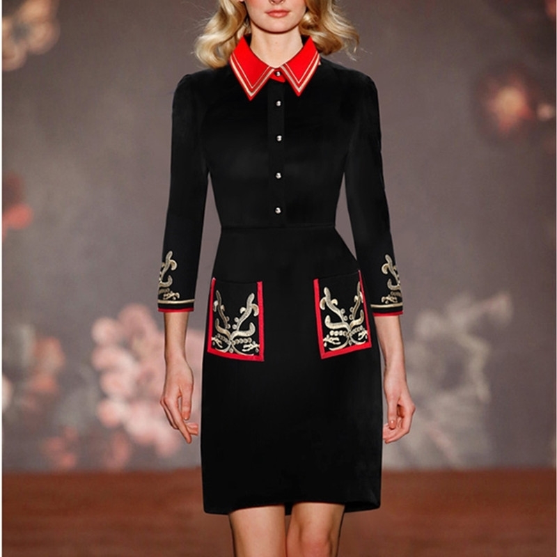 

Women fashion gold embroidered vintage dresses turn-down collar Wrist sleeve knee length shirt 210525, Black