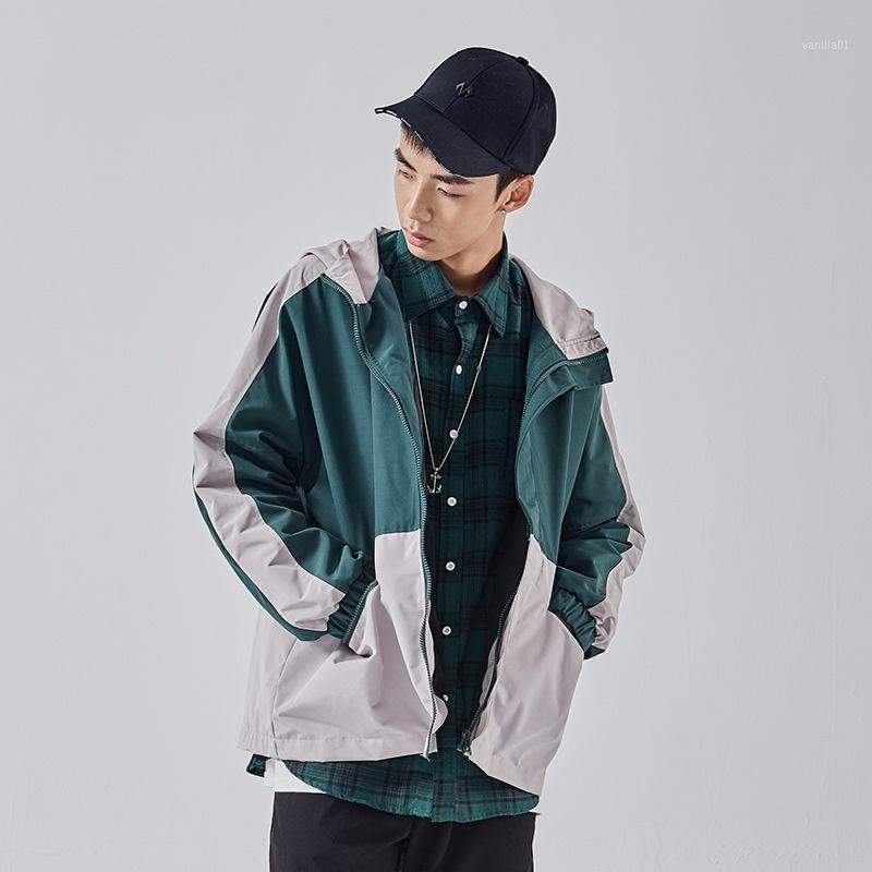 

Men's Jackets Hooded Color Block Jacket 2021 Autumn Casual Windbreaker Vintage Loose Track Hoodie Coats Streetwear Hiphop KK3209