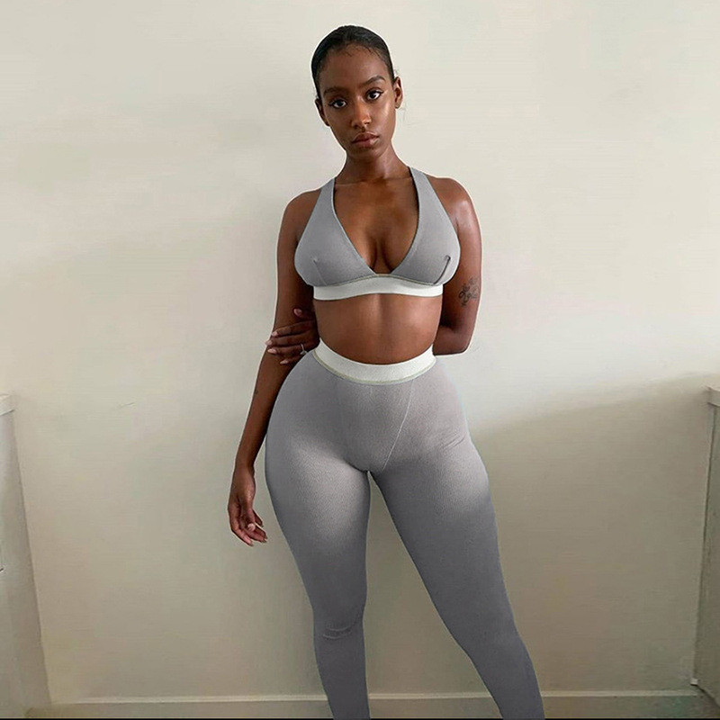 

women fitness tracksuit sleeveless v neck tank stretchy leggings ribbed bra two piece set solid streetwear outfits, Gray