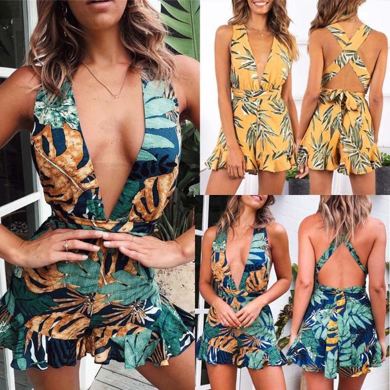 

Women' Jumpsuits & Rompers Sexy Summer Boho Printed Backless Sleeveless Short Playsuit Jumpsuit Romper Women Bodycon Party Clothes