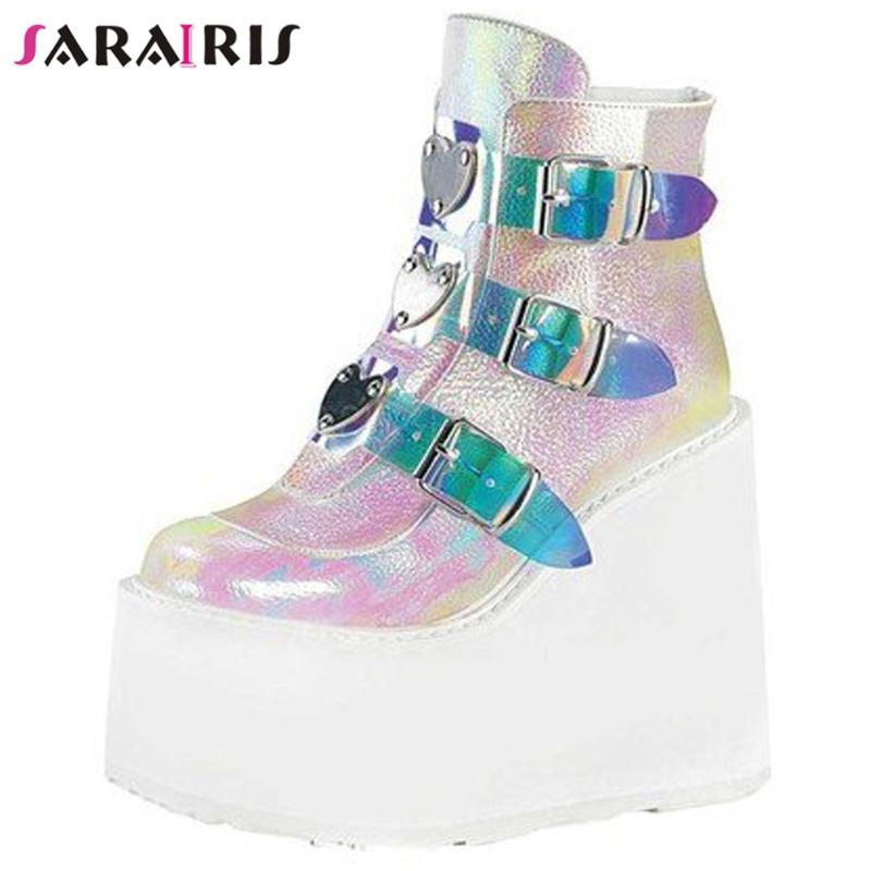 

Boots SaraIris Wedges Metal Buckle Autumn Women Brand Classic Ladies Fashion Luxury Platform Ankle Shoes, Black