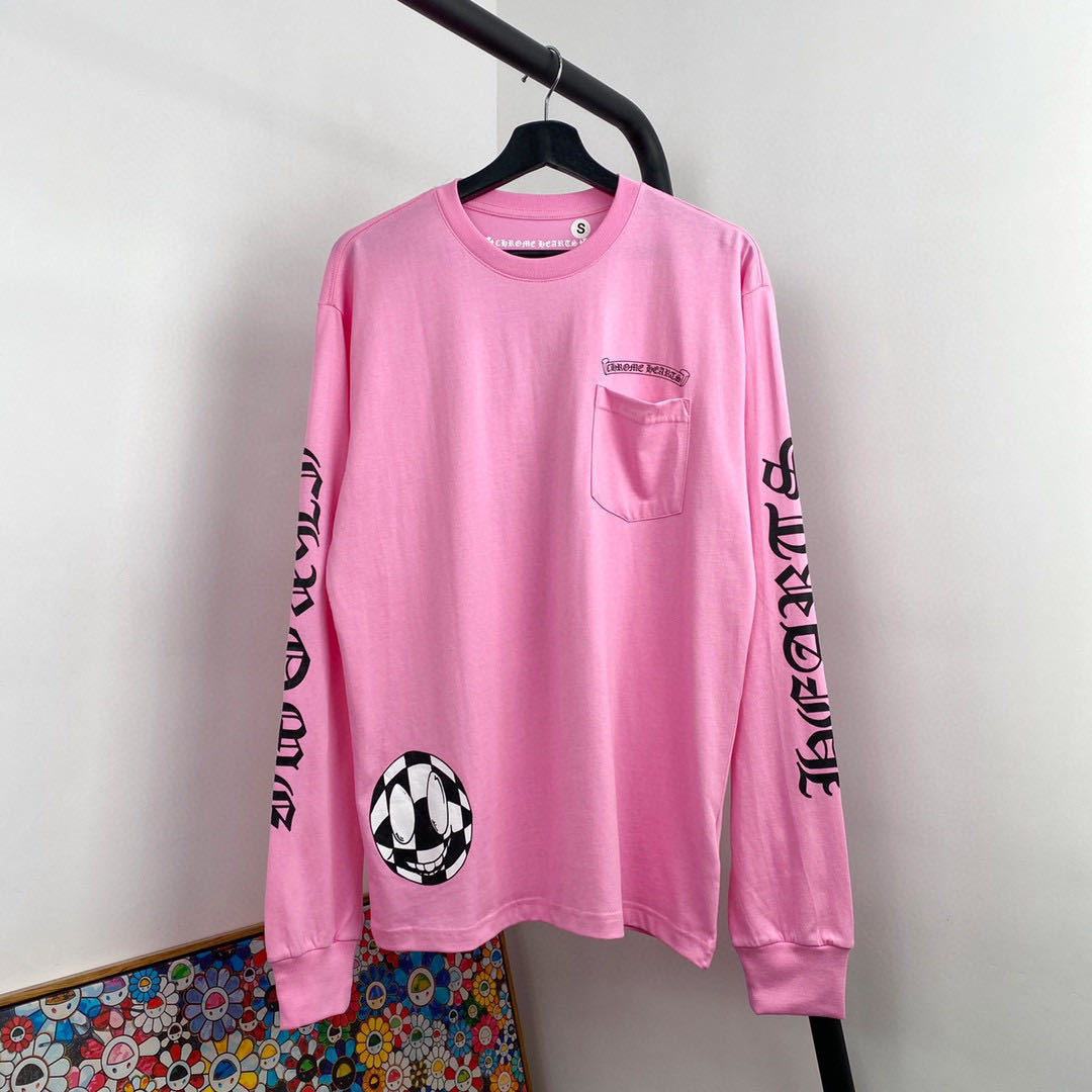 

Graffiti Crosin Long Ch Chrome-hearts Pink Sleeve T-shirt Fashion Brand Cross Loose Couple Men's and Women's Pullover Crew Neck Casual 39A0, Black