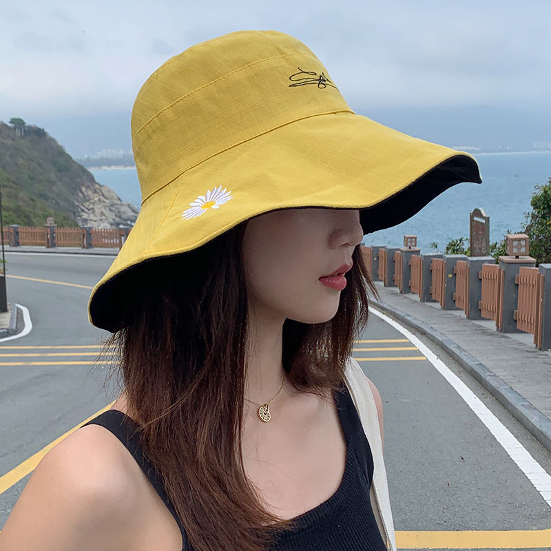 

Daisy fisherman hats woman summer day big brim with double-sided sunshade sun hat sunscreen hat can be worn on both two sides, Black