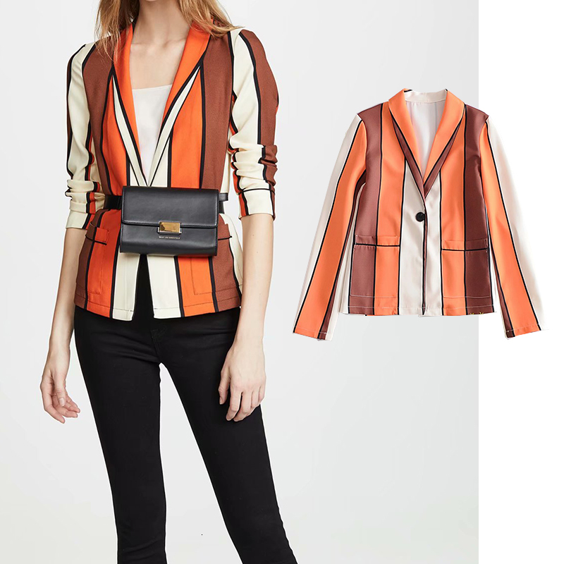 

Women's Down & Parkas autumn stripe Splicing suit Hand sleeve Patchwork coat for women summer Single Breasted jackets ladies forma, Black