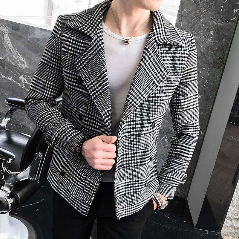 

Men's Jackets Woolen Coat Mens 2022 Double-breasted Trench Korean Trend Check Retro Tartan Fashion Slim Short Clothing, Black;brown