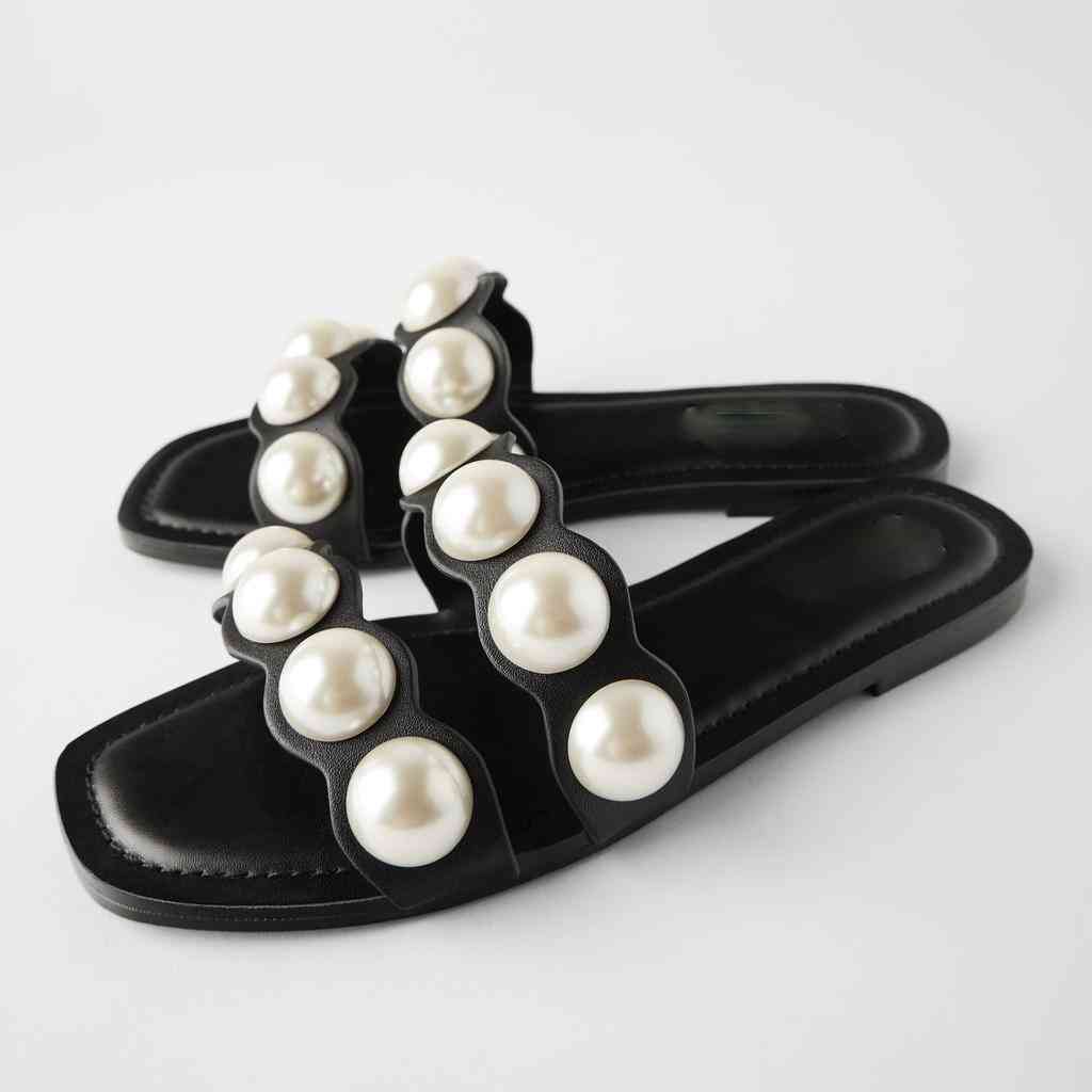

shoes Sandals women black summer pearl leather sandals open toe heels classic outdoor low wear fairy-style beige slippers 9KZY, 1# shoe box