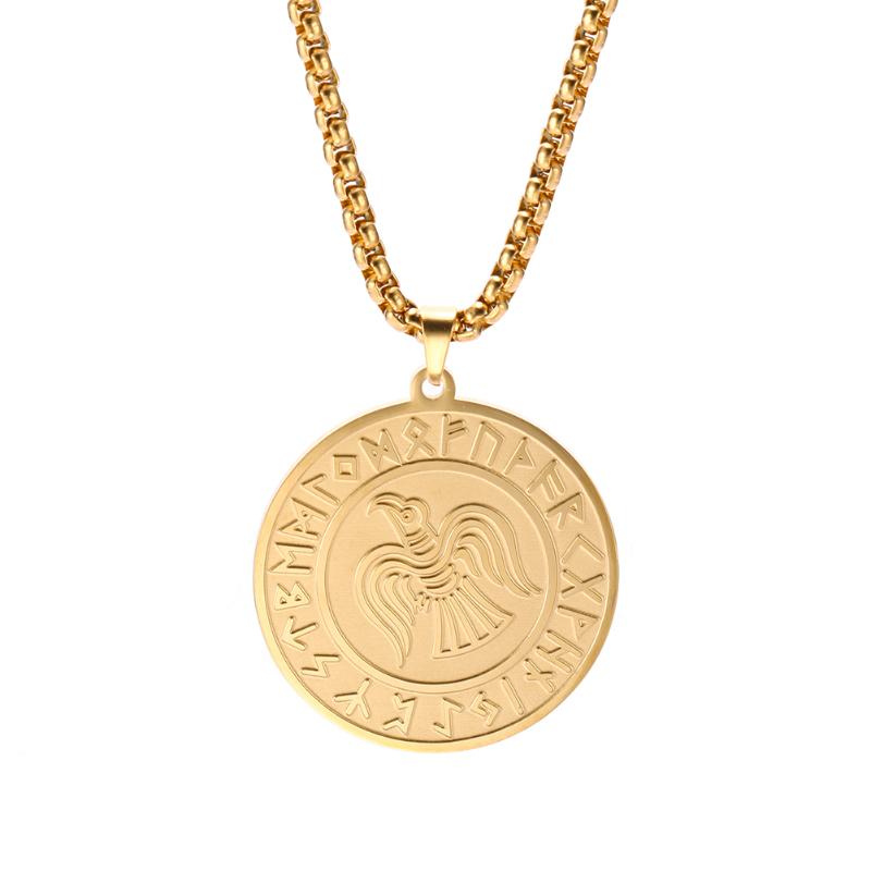 Pendant Necklaces Skyrim Rune Raven Wicca Necklace Amulet Talisman Stainless Steel Golden Long Chain Luck Bird Charm Jewelry Men-image-706636379