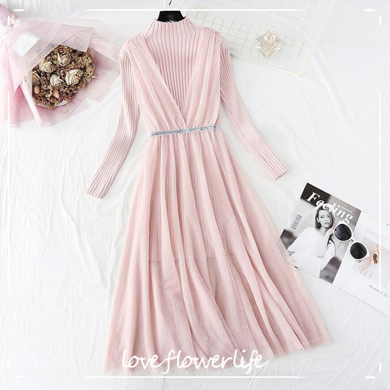 

High Quality Pink Knitted Dress Women Autumn Winter Elegant Long Sleeve Sweater + Suspenders Long Mesh Dress Two Piece Sui 210521, Beige