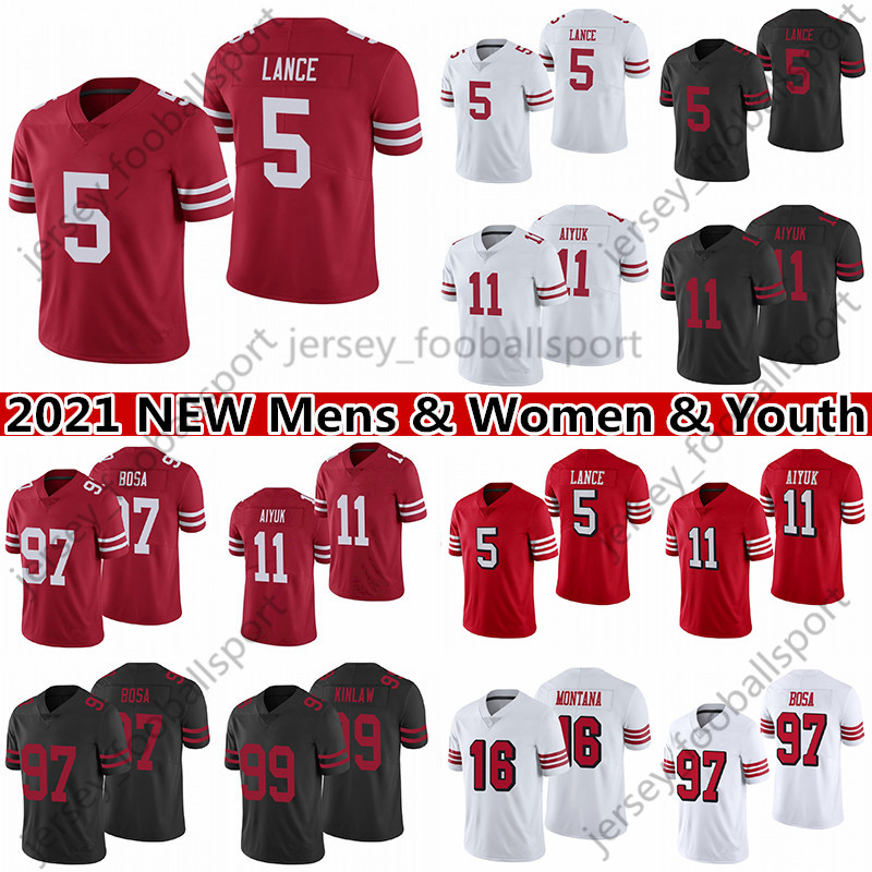 

5 Trey Lance 97 Nick Bosa Football Jersey 99 Javon Kinlaw 10 Jimmy Garoppolo 16 Joe Montana 85 George Kittle Mens women youth Jerseys, Black;red