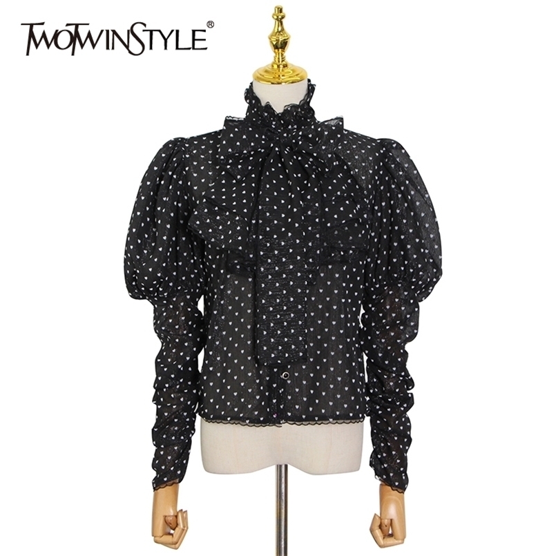 

Print Dot Shirt For Women Stand Collar Puff Long Sleeve Casual Blouse Female Spring Fashion Clothing 210524, Apricot