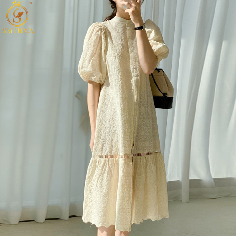 

Fashion Elegant Lantern Sleeve Embroidered Flowers Long Dress Women's Korea Chic Summer Dresses Vestidos 210520, Picture color