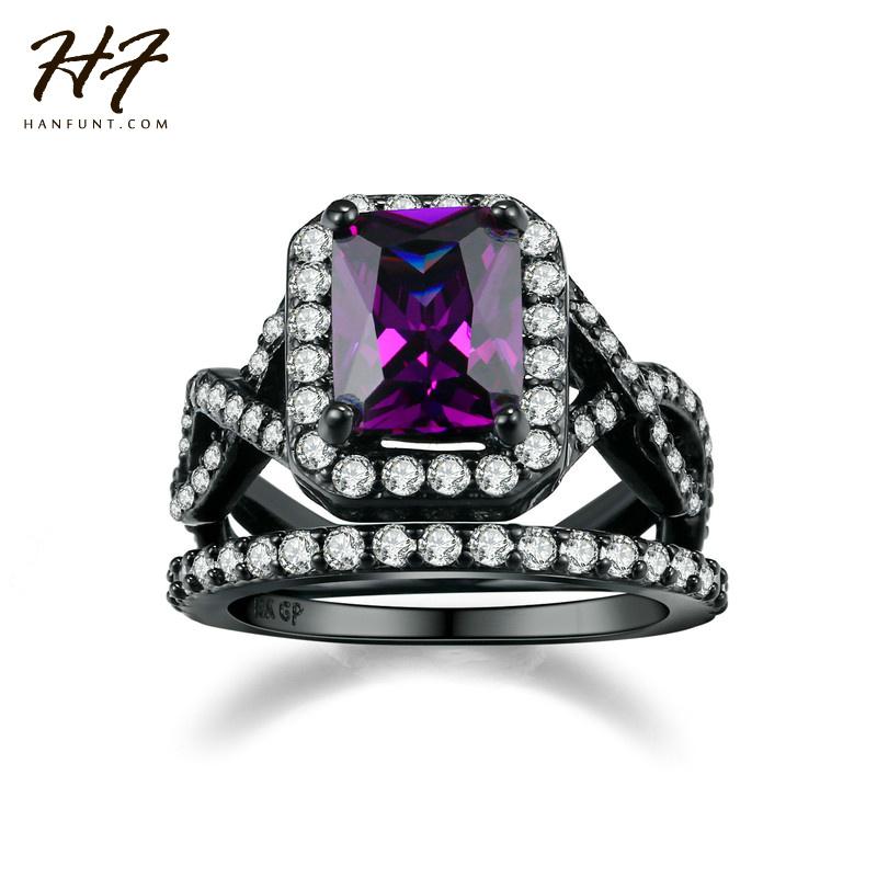 

Cluster Rings Selling Luxury Black Gold Color Ring Set For Women + CZ Cubic Zirconia Purple Stone Fashion Jewelry Xmas Gift R480, Golden;silver