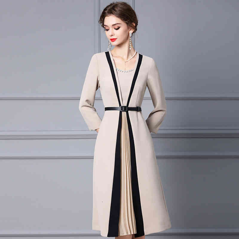 

Casual Dresses Zhili with overcoat dress, slim waist, Nail Drill vertical bar stitching and crimping A-type skirt in autumn winter IFIO, Black