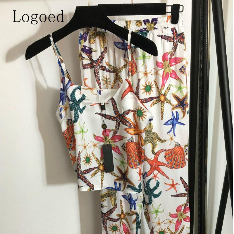 

Women' Two Piece Pants 21 Design Suit Fashion Starfish Shell Print Suspender Vest + High Waist Elastic Casual Wide Leg, Pink