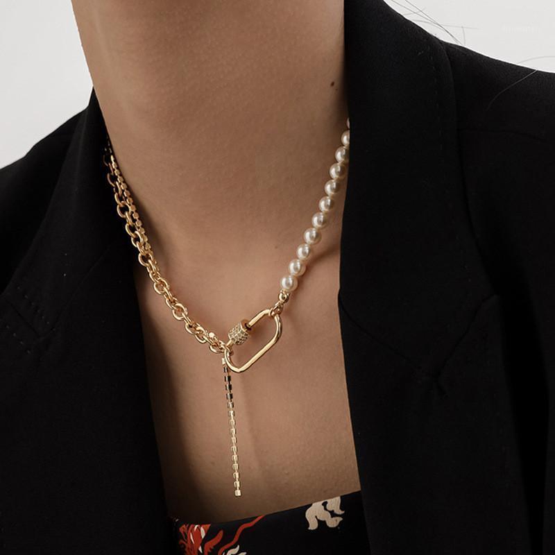 

Hip-hop Gold Color Chain Pearl Splicing Choker Necklace For Women Ladies Copper Link Tassel Oval Pendant Necklaces Collares Chains