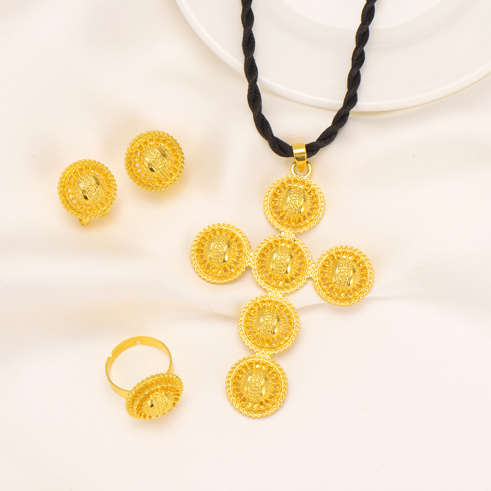 9 k THAI BAHT G/F Yellow Solid Fine Gold Necklace earrings ring large-scale Cross Pendant High quality Jewelry Sets Women's-image-716936258