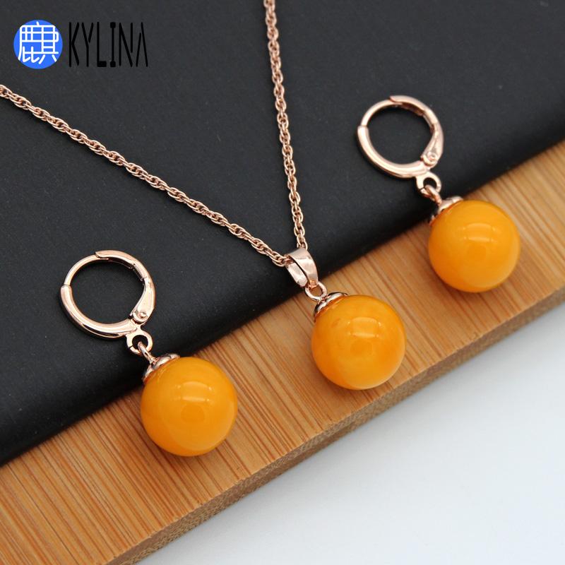 

Earrings & Necklace KYLINA Classic Round Beeswax 585 Rose Gold Jewelry Set Lovely 2021 Fashion For Women Girl Wedding Party Gift, As pic