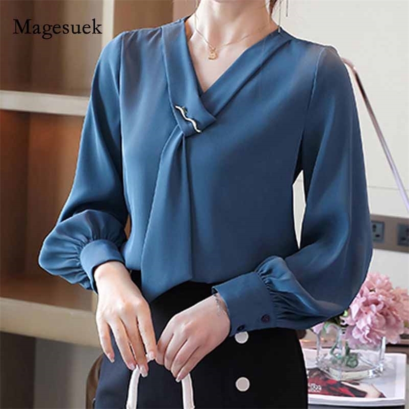 

Solid V Neck Blouse Women Plus Size Ladies Pullovers Tops Autumn Lantern Long Sleeve Chiffon Female Office Shirt 11081 210518, Blue