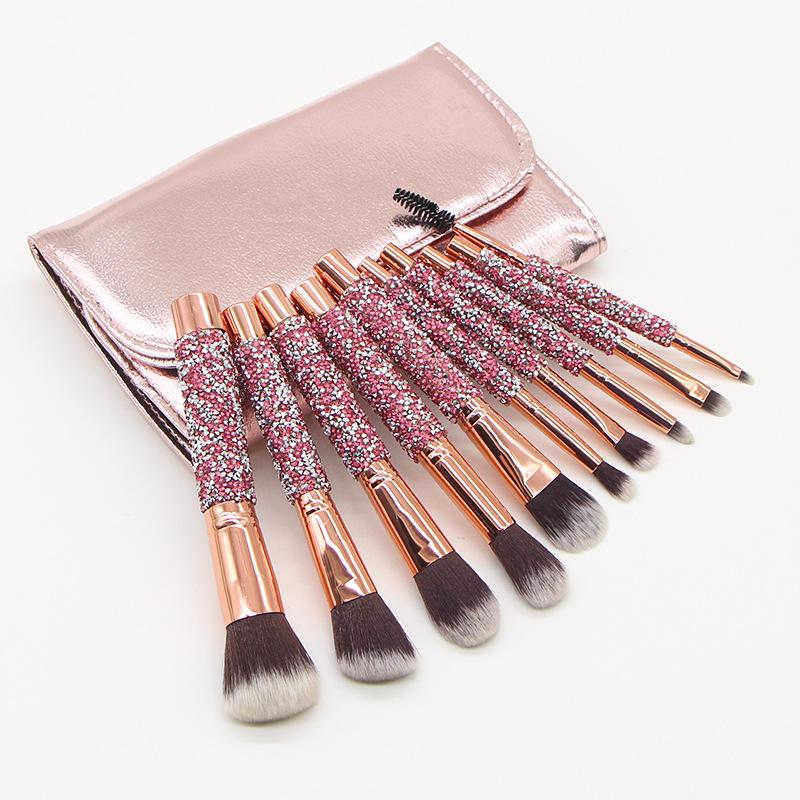 Diamond Inlay 10-Piece Makeup Brush Set - PU Travel Bag Included, Available in Red & Sky Blue-image-734879139
