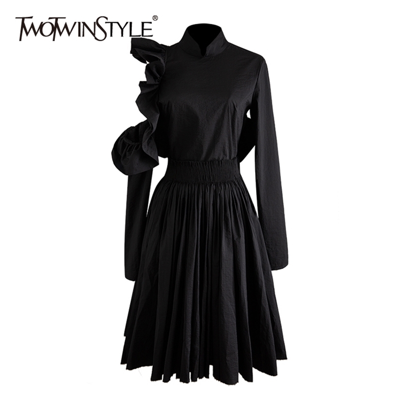

Patchwork Ruffle Backless Sexy Dress Women Long Sleeve Turtleneck Fashiopn Dresses Female Black Casual Clothes 210520
