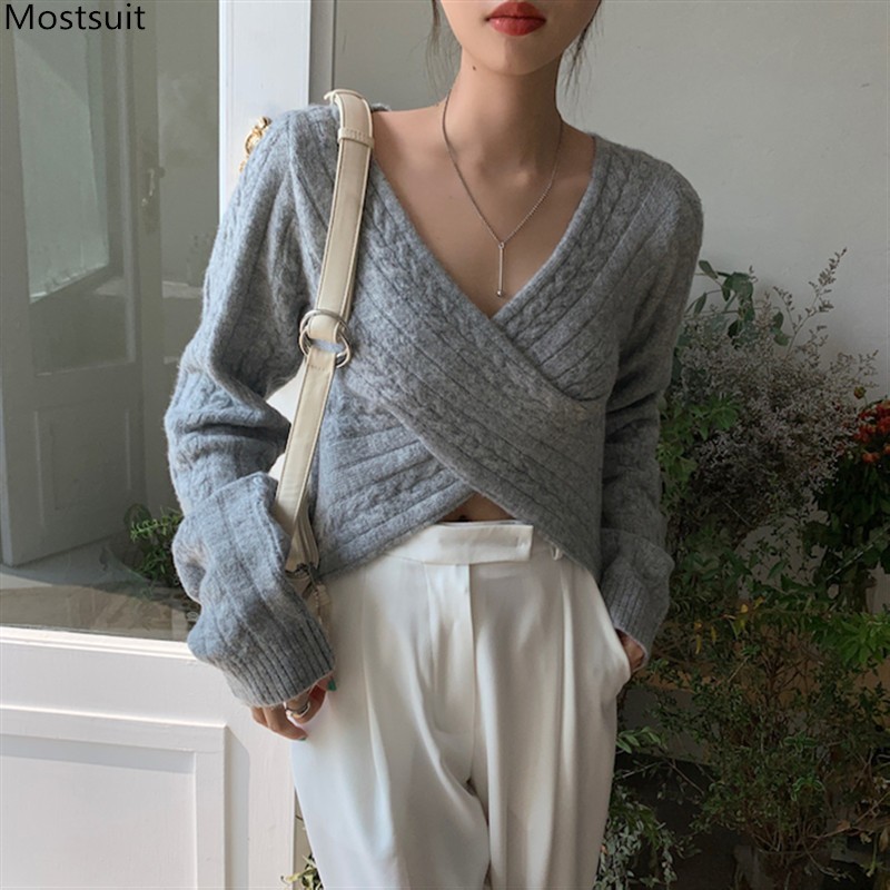 

Spring Autumn Women Sexy Sweater Ladies Jumper Korean Style Loose Long Sleeve Criss-cross V-neck Knitted Pullove Tops 210518, Navy blue