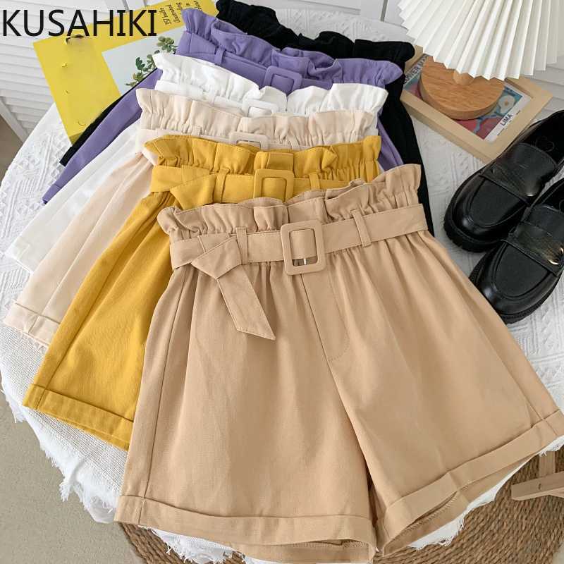 

KUSAHIKI Summer Belt High Waisted Shorts for Women Causal Solid Wide Leg Short Feminimos Korean Fashion Clothing 6H879 210602, Purple