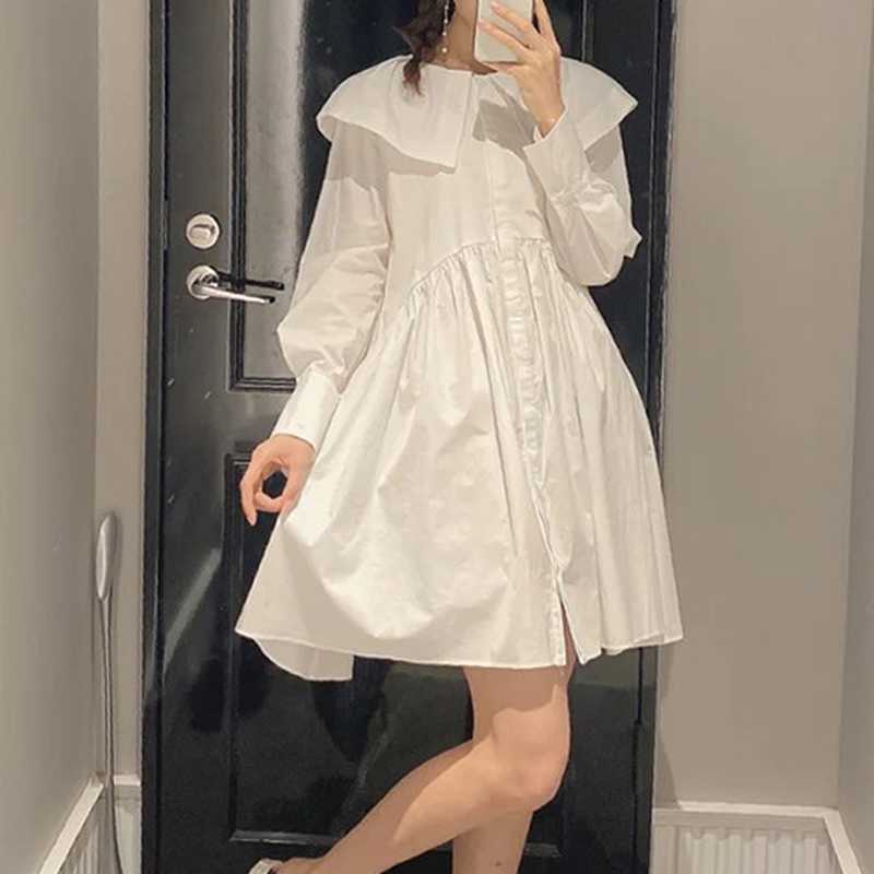

Fresh Fashion Cute Preppy Style Femme Robe Sweet Peter Pan Collar Woman Shirt Dress Spring Casual Loose Oversized Vestidos 210525, White
