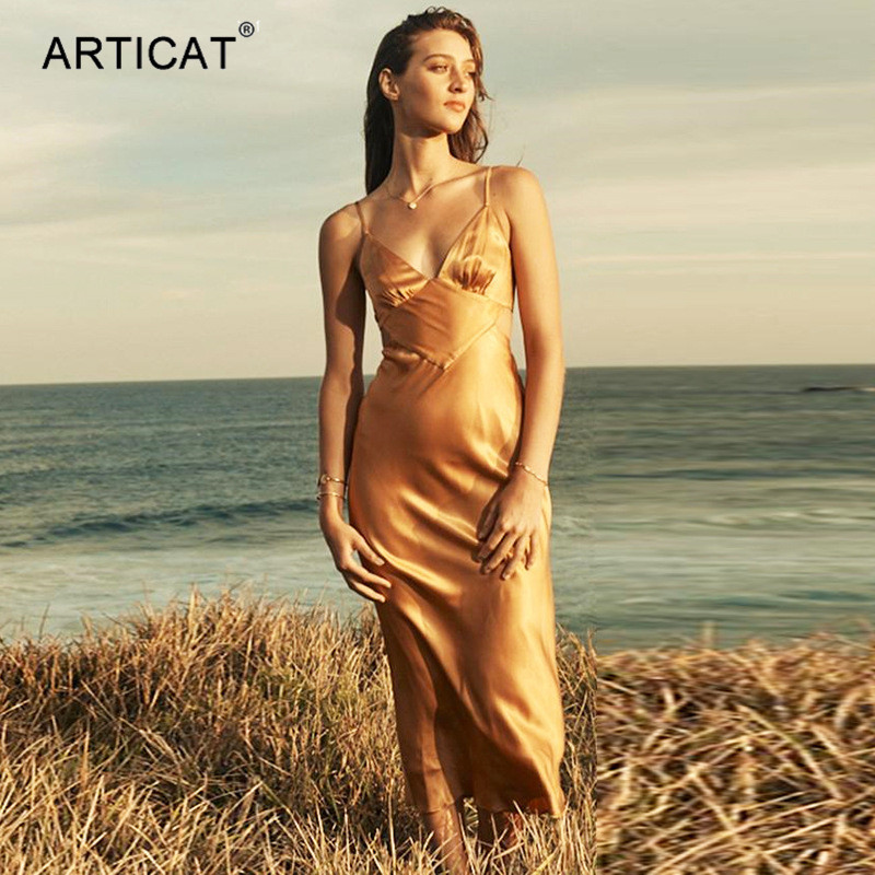

2021 elegant satin maxi dress for women spaghetti strap bandage skinny summer beach dress khaki v neck backless vestidoshigh quality, Black;gray