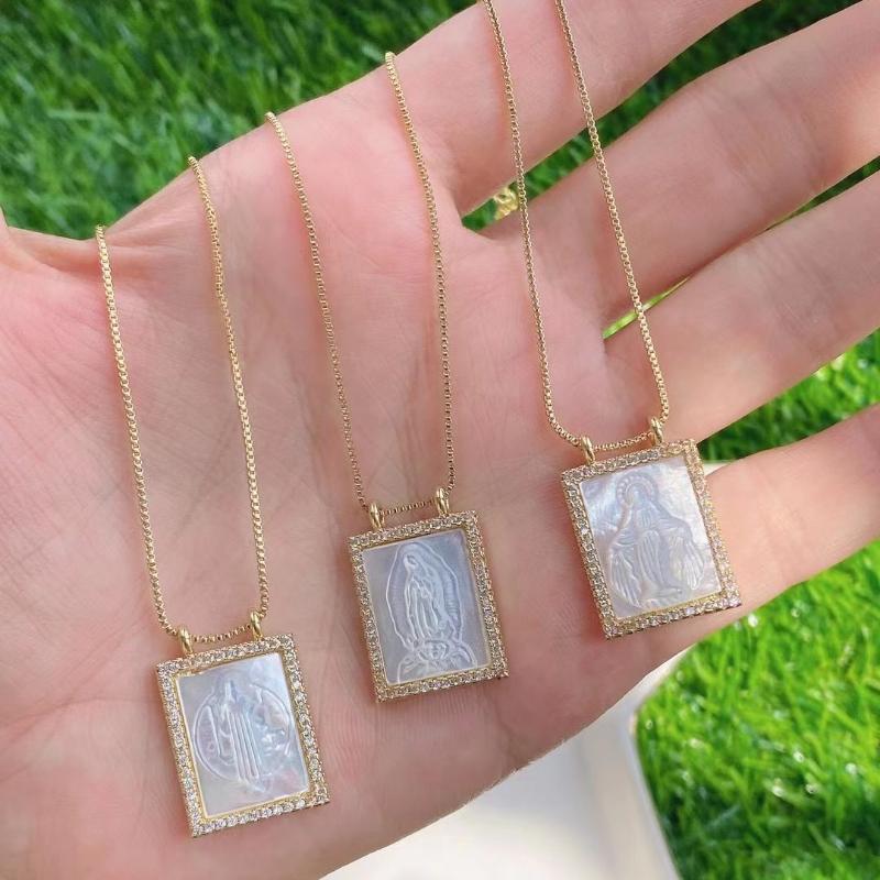

Pendant Necklaces 5PCS, Religious Mother Of Pearl Shell Jesus Virgin Mary Guadalupe Necklace For Women CZ Pave Gold Jewelry