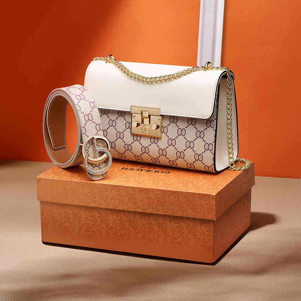 

70% Off exclusive Leather women's bag new fashion printed chain lock small square simple messenger live broadcast, Beige bag