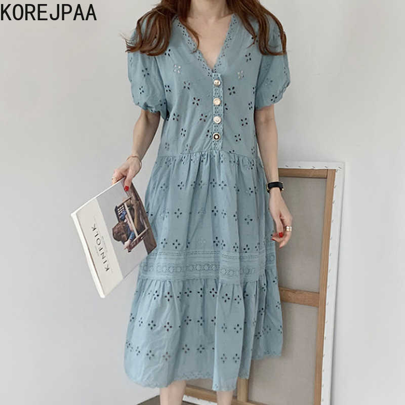 

Korejpaa Women Dress Summer Korean Chic Ladies French Gentle Temperament V-Neck Loose Embroidered Lace Puff Sleeve Vestidos 210526, Blue