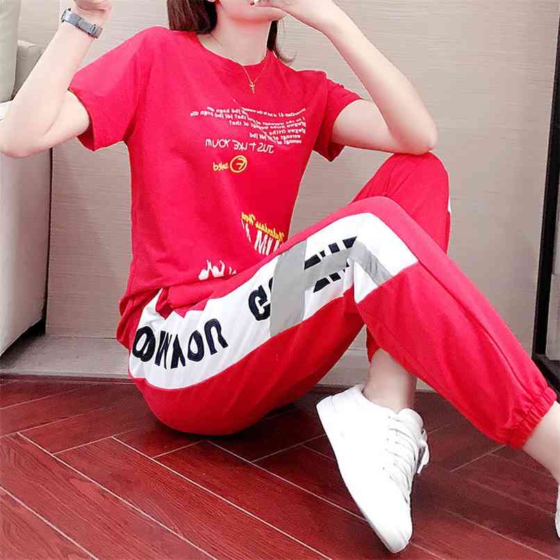 

Summer Women's Red Suit Sports Street Fashion 2-piece set Tshirt Trousers Jogging Femme Casual Set Club Outfits Tracksuit 210602, Red set