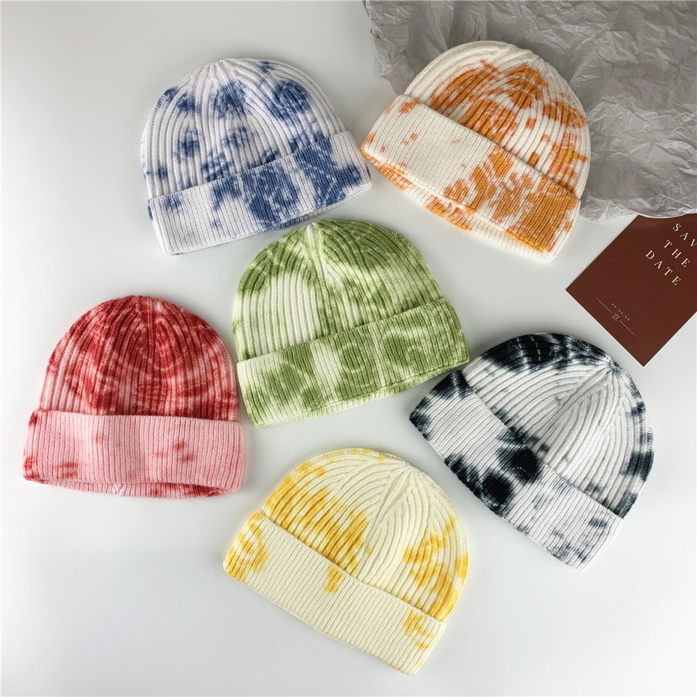 

Free DHL 6 Colors INS Winter Tie Dye knitted hats Kids Boys Girls Trendy Warm Chunky Soft Stretch Cable Cap Knit Beanie Stingy Brim, Yellow