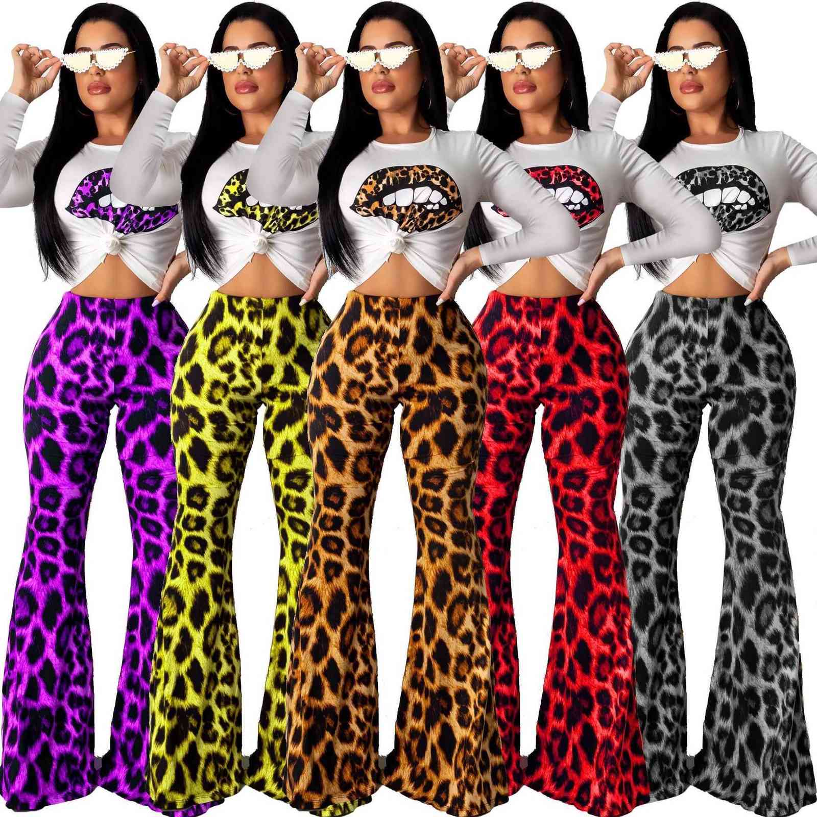 

Women Tracksuits Leopard Lip T-shirt Flared Pant 2 Piece Sets Bell Bottoms Sportswear Crop Tops Sleeveless Short Sleeve Tee Outfits, Mix colors or leave messages