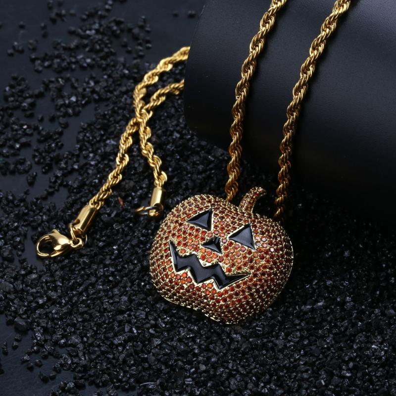 

Pendant Necklaces Red Cubic Zirconia Paved Iced Out Bling Halloween Pumpkin Pendants Personality Necklace For Men Hip Hop Rapper Jewelry