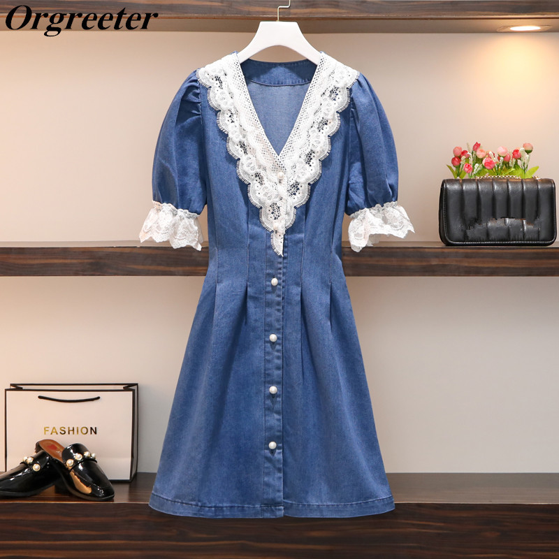 

Plus Size -4XL Lace Trim V-neck Fashion Puff sleeves Retro Blue Denim Dress Female Summer Pleated Knee-length 210525