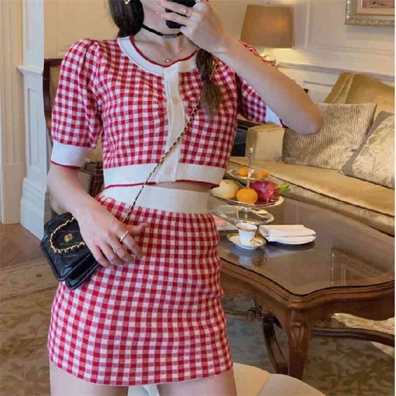 

Plaid Women Mini Skirt Tracksuit Korean Cute Sweet Ladies Bodycon Pencil Set + Knitted Cardigan Cropped Top Female Outfits 210602, Red