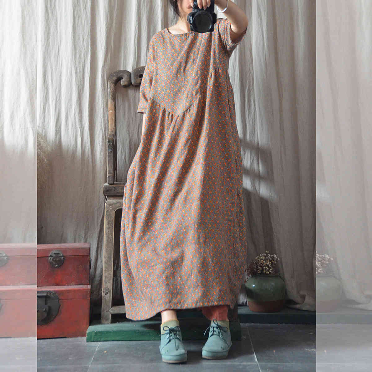 

Johnature Women High Waist Dresses Print Floral Cotton Linen Robes O-Neck Short Sleeve Loose Female Vintage Dresses 210521, Yellow