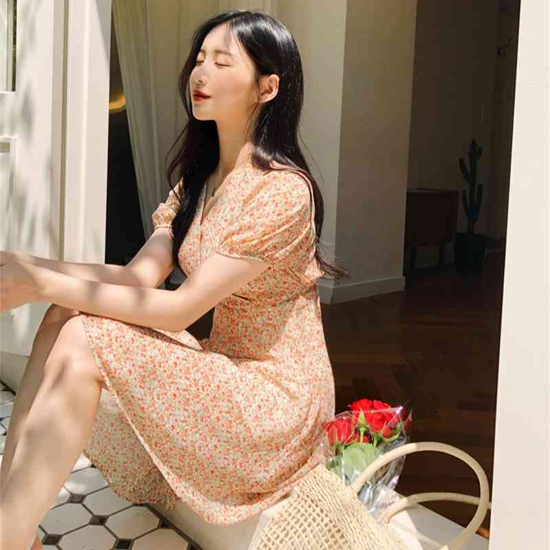 Plus size Summer Girls Boho Party Chiffon Female Vintage Dress Purple Print Short Sleeve Women Dresses Robe Vestido 210417Z