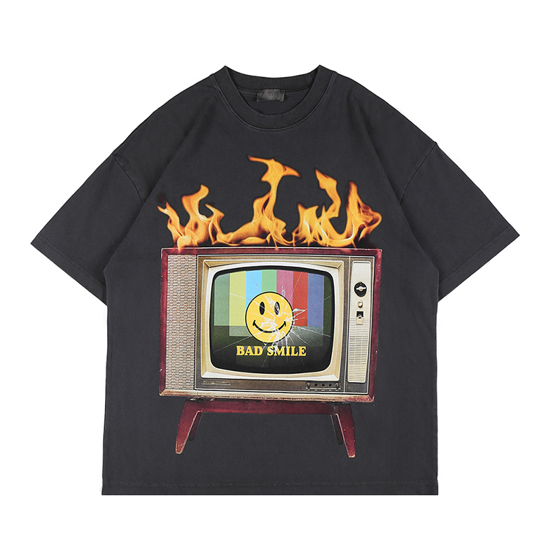 

USA Europe Fashion Vintage TV Print T shirt Tee Spring Summer Skateboard Men Women High Streetwear Casual Tshirt, White;black