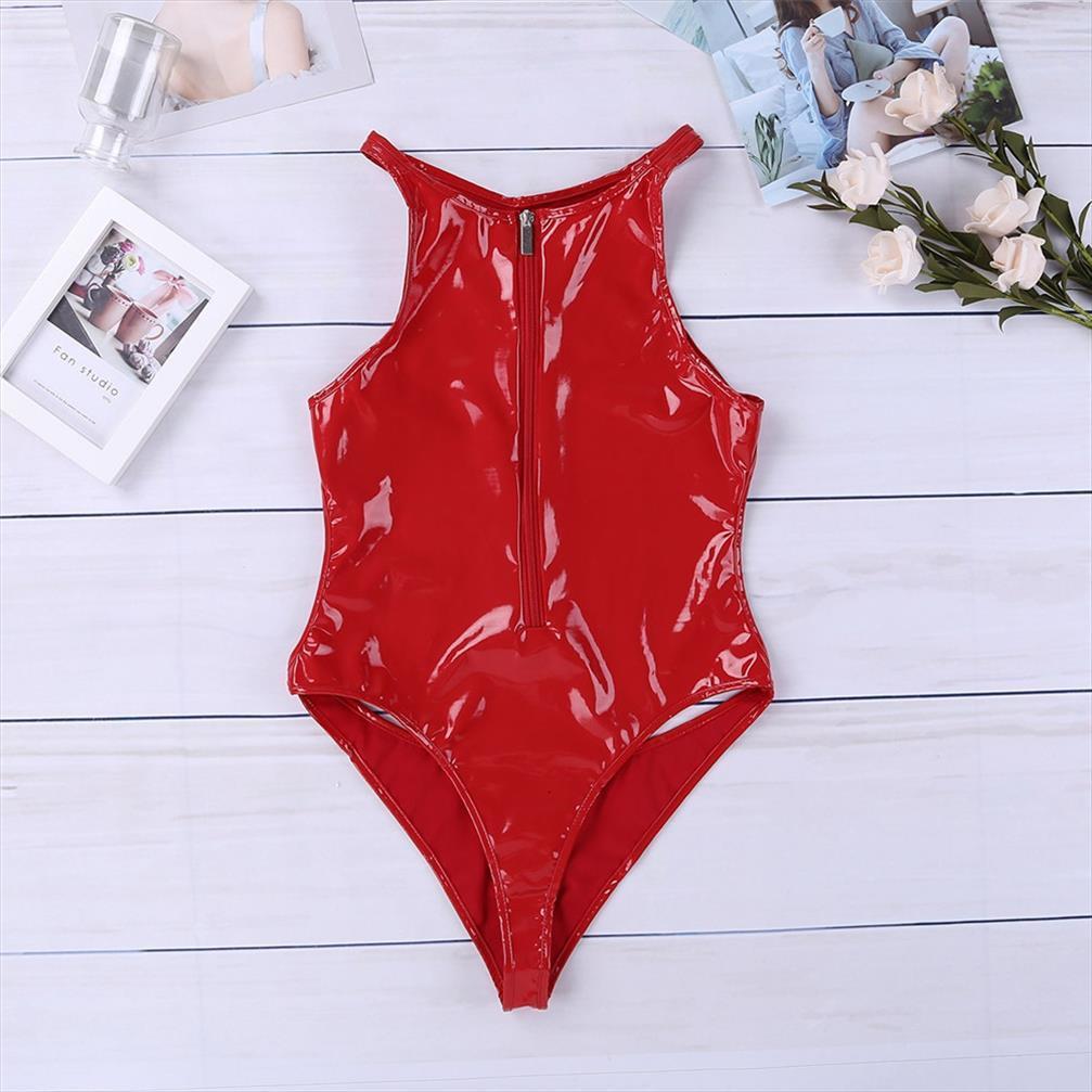 

fashion shiny faux leather womens jumpsuit sleeveless halter cutout zipper bodysuit catsuit high cut clubwear teddy, Black;white