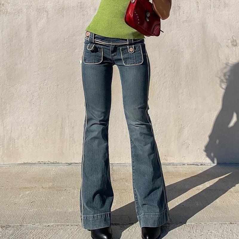 

Women' Jeans Y2K Vintage Low Rise Women Button Slim Casual Denim Pants Fashion Pocket Trim Flare Trousers 90s Autumn Clothes Streetwear, Blue