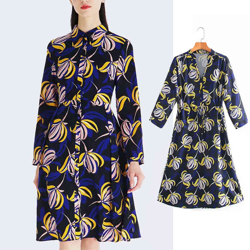 

Casual Dresses Fashion woman Shirt flower print Turn-down Collar Ladies Single-breasted Long Sleeve Slim Spring midi Dress NVZA, Blue