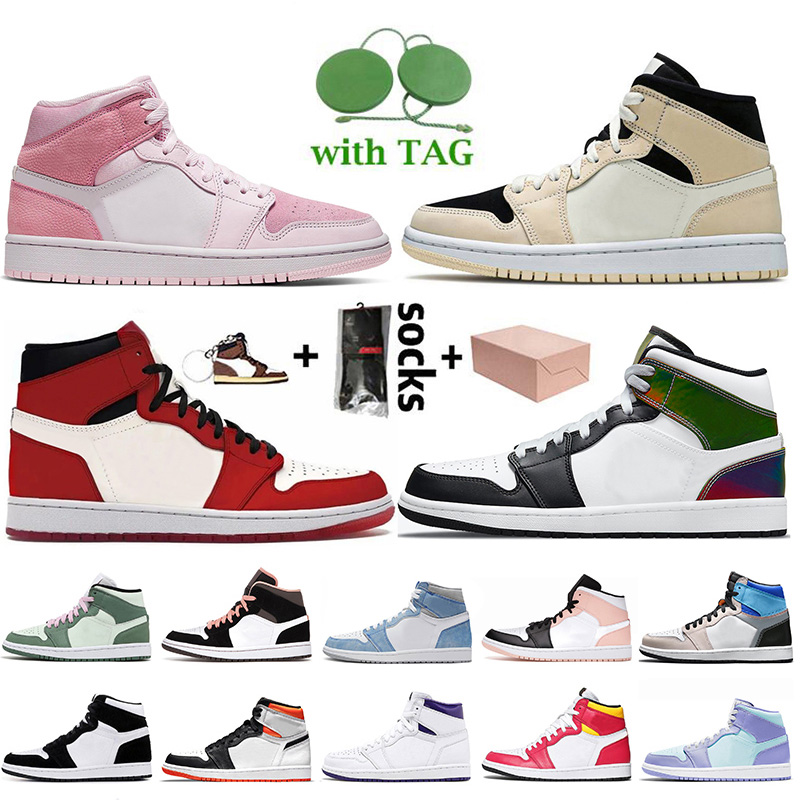 

2021 With Box Heat Reactive 1s Jumpman 1 Womens Mens Basketball Shoes Mid Digital Pink Barely Orange High OG Hyper Royal Trainers Grey Camo UNC Dark Mocha Sneakers, #38 white 36-46
