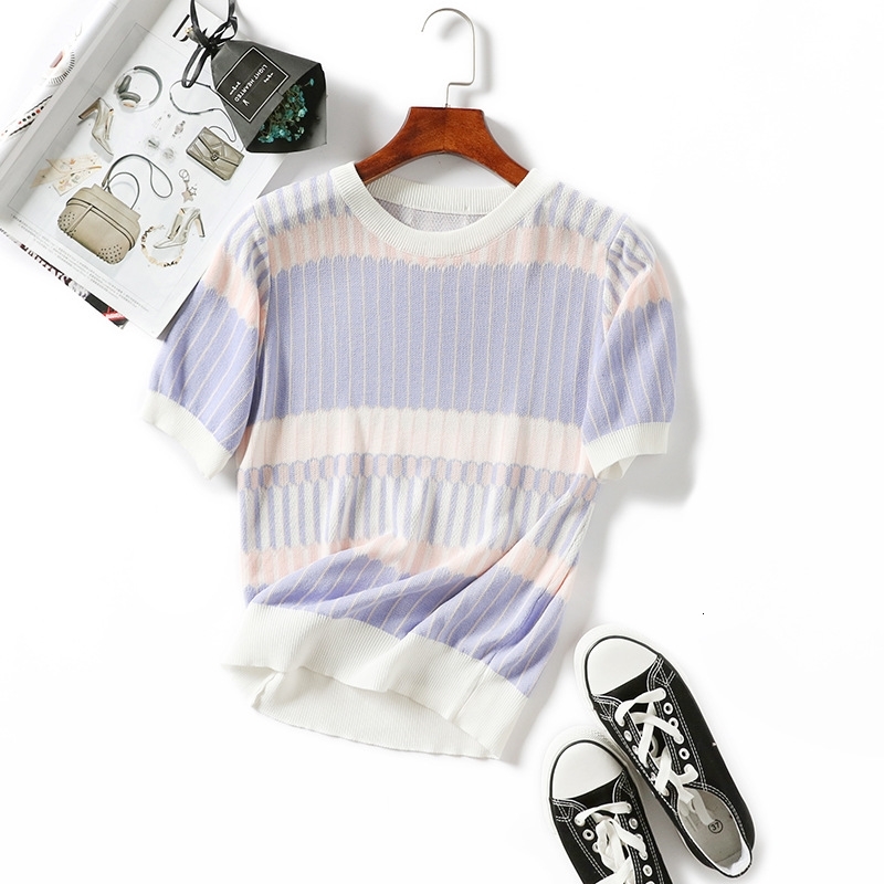Women's T-Shirt Summer women T-shirt Tencel Knitted short sleeves ruffles O-neck Pullovers Jumper Computer Sweaters Multicolor A9F