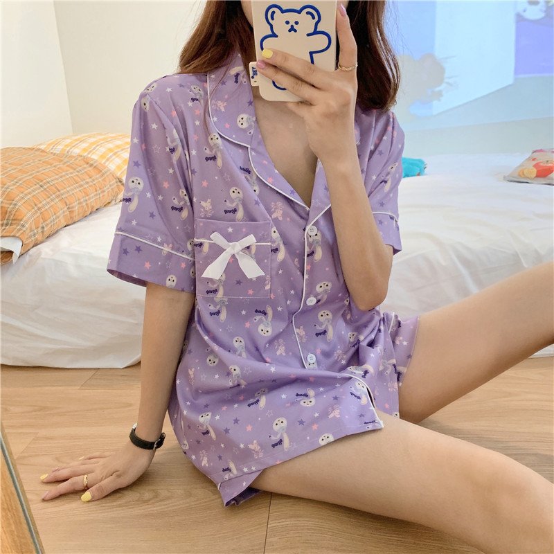

Casual Dresses Summer Cartoon Students Sweet Chic Purple Sleepwear 2021 Girls Korean Homewear Women Thin Loose Pajamas Sets 99EG, Photo color