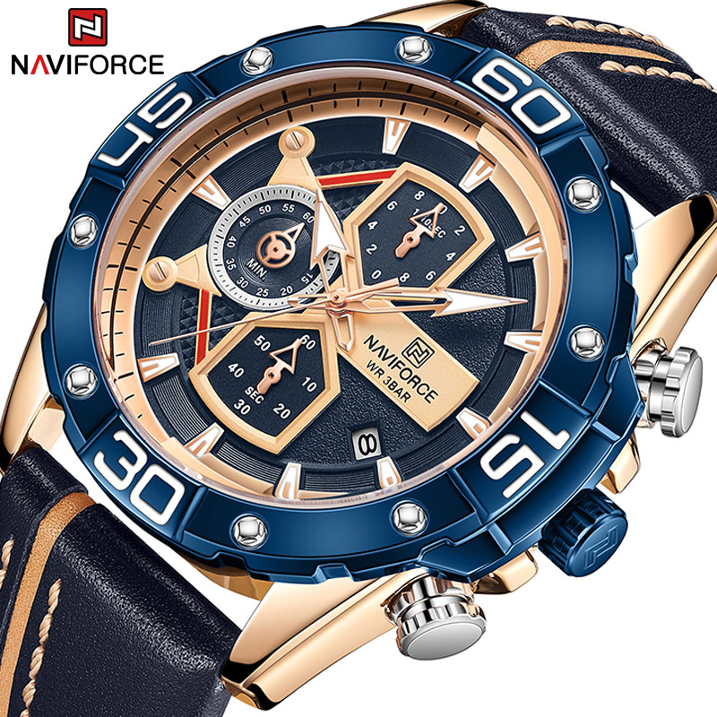 

NAVIFORCE Sport Watches for Men Luxury Brand Blue Military Genuine Leather Wrist Watch Man Clock Fashion Chronograph Wristwatch, Sbs