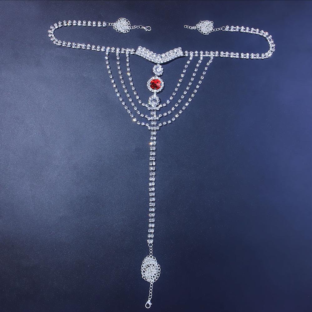 

Sexy Body Chain Lingerie Red Crystal Thong Panties Jewelry for Women Silver Color Rhinestone Belly Waist Chain Body Jewelry Gift