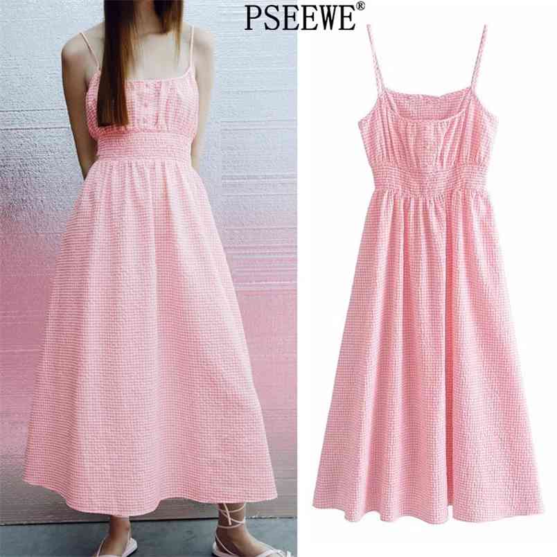 

Dress Woman Pink Plaid Slip Long Women Summer Gingham Sleeveless Spaghetti Strap Midi Beach Sundress 210519