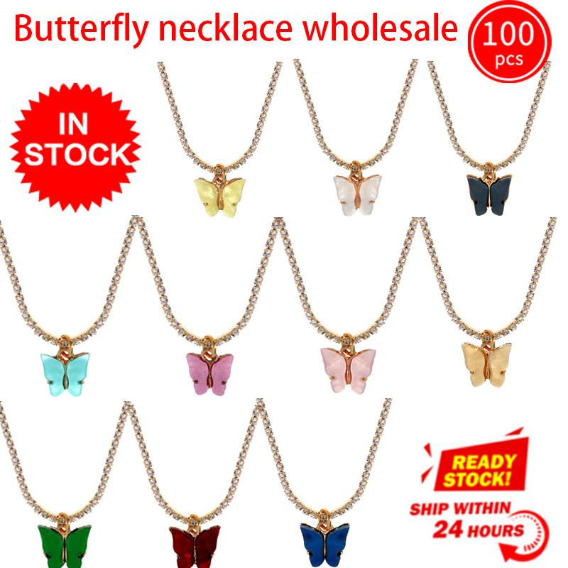

Flatfoosie 100Pcs/Set Elegant Butterfly Pendant Necklace Fashion Gold Color Twist Chain Crystal Sets Jewelry Wholesale Chains, Silver